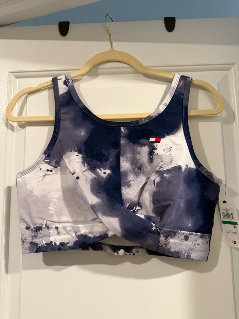 Tommy Hilfiger Navy and White Tie-Dye Cropped Sports Bra